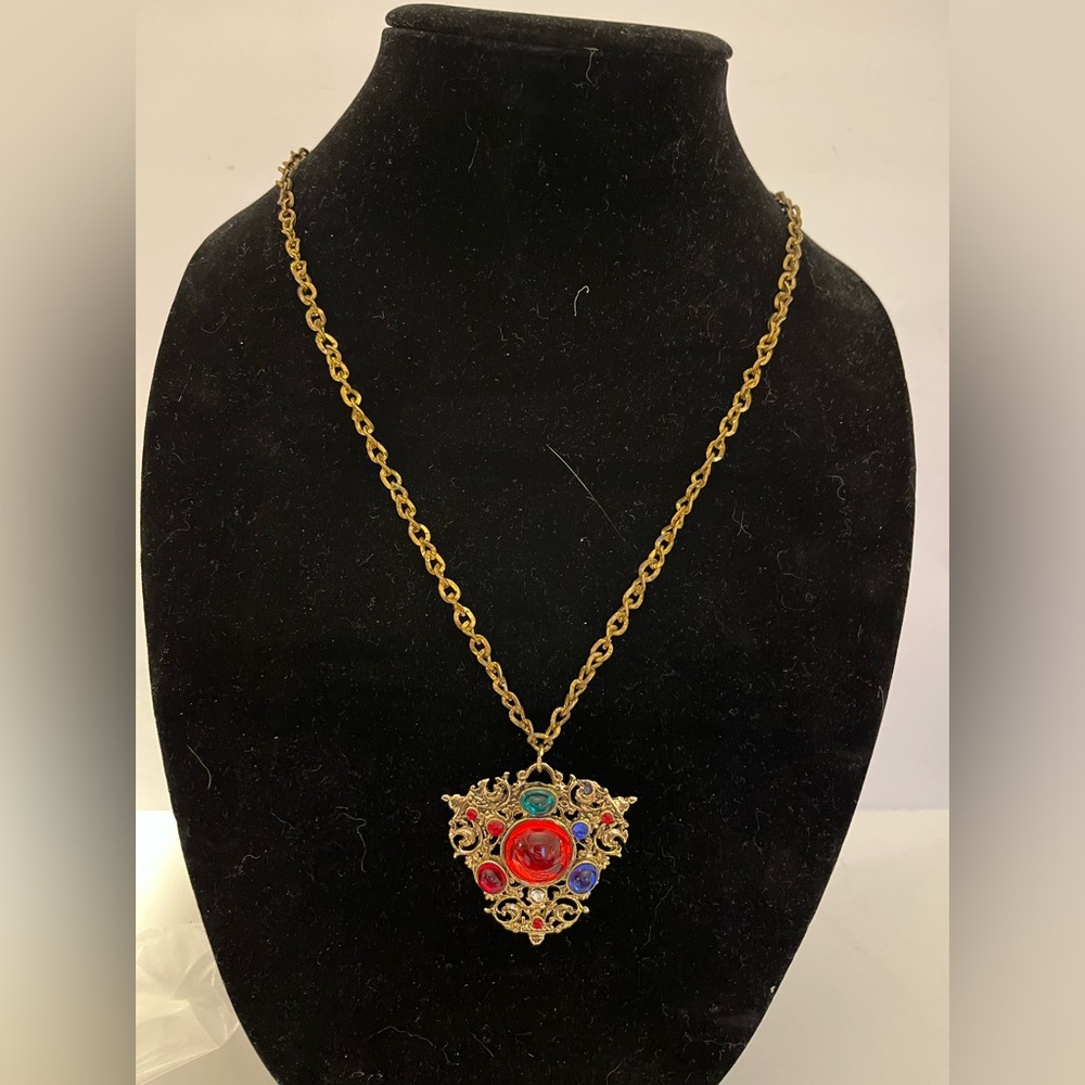 2" Multi Colored Beaded Medallion Pendant on 24" Gold Tone Chain